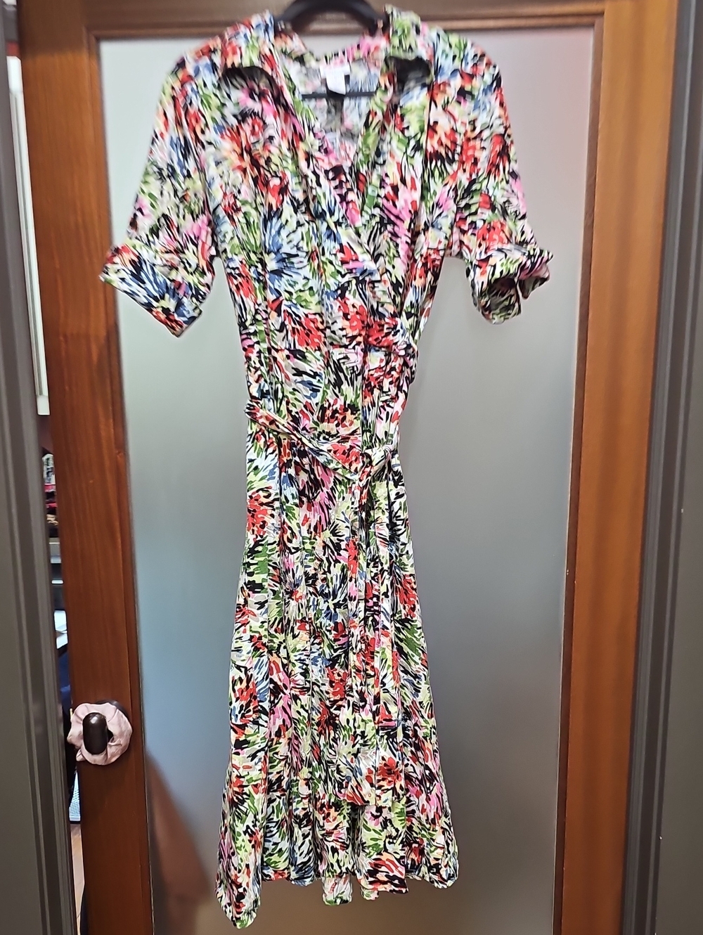 Vintage JG Hook Multi-Color Floral Wrap Midi Dress with Tie Waist